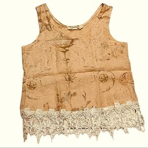 Vintage boutique LINEN Tea color rose print crop top with lace 100% linen